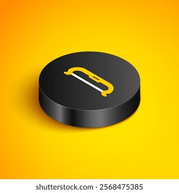 Isometric line Medieval bow icon isolated on yellow background. Medieval weapon. Black circle button. Vector