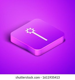 Isometric line Medieval chained mace ball icon isolated on purple background. Medieval weapon. Purple square button. Vector Illustration