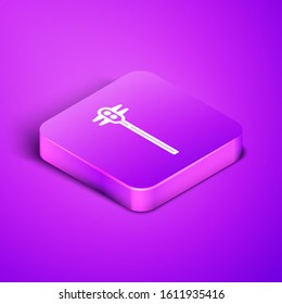 Isometric line Medieval chained mace ball icon isolated on purple background. Medieval weapon. Purple square button. Vector Illustration