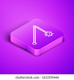 Isometric line Medieval chained mace ball icon isolated on purple background. Medieval weapon. Purple square button. Vector Illustration