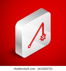 Isometric line Medieval chained mace ball icon isolated on red background. Medieval weapon. Silver square button. Vector Illustration