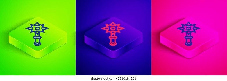 Isometric line Medieval chained mace ball icon isolated on green, blue and pink background. Morgenstern medieval weapon or mace with spikes. Square button. Vector