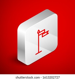 Isometric line Medieval flag icon isolated on red background. Country, state, or territory ruled by a king or queen. Silver square button. Vector Illustration