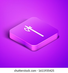 Isometric line Medieval halberd icon isolated on purple background. Medieval weapon. Purple square button. Vector Illustration