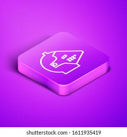 Isometric line Medieval iron helmet for head protection icon isolated on purple background. Purple square button. Vector Illustration