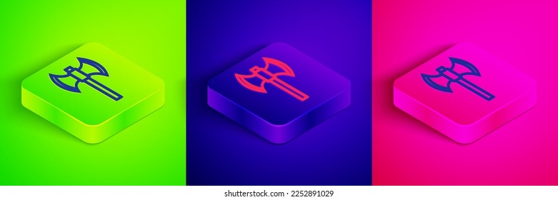 Línea isométrica Icono de poleaxe medieval aislado en fondo verde, azul y rosa. Botón cuadrado. Vector