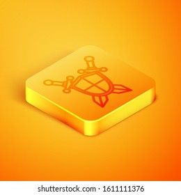 Isometric line Medieval shield with crossed swords icon isolated on orange background. Orange square button. Vector Illustration