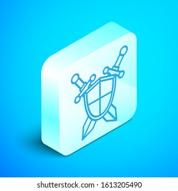 Isometric line Medieval shield with crossed swords icon isolated on blue background. Silver square button. Vector Illustration