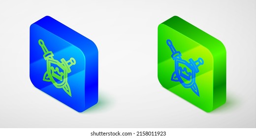 Línea isométrica escudo medieval con icono de espadas cruzadas fondo gris aislado. Botón cuadrado azul y verde. Vector