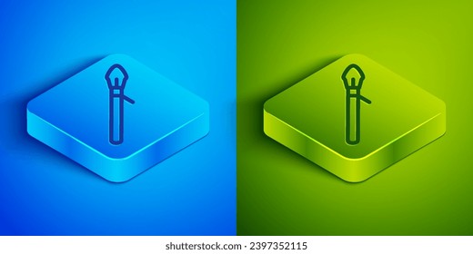 Isometrische Linie Mittelalterliches Speersymbol einzeln auf blauem und grünem Hintergrund. Mittelalterliche Waffe. Knopf Quadrat. Vektorgrafik
