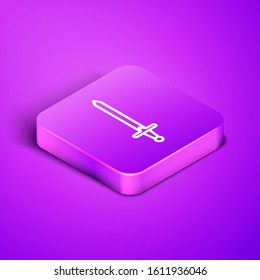 Isometric line Medieval sword icon isolated on purple background. Medieval weapon. Purple square button. Vector Illustration