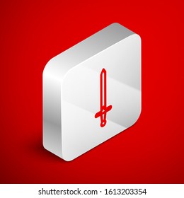 Isometric line Medieval sword icon isolated on red background. Medieval weapon. Silver square button. Vector Illustration
