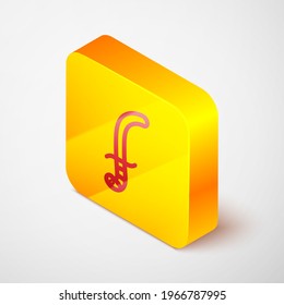 Isometric line Medieval sword icon isolated on grey background. Medieval weapon. Yellow square button. Vector