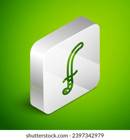Isometric line Medieval sword icon isolated on green background. Medieval weapon. Silver square button. Vector