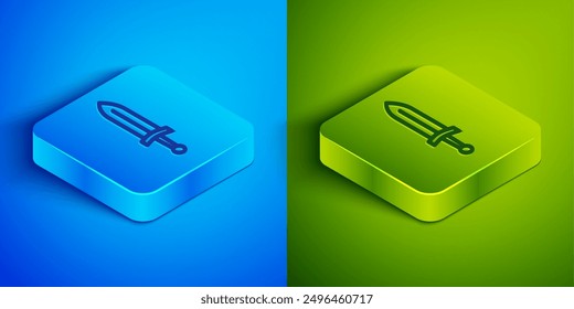 Isometric line Medieval sword icon isolated on blue and green background. Medieval weapon. Square button. Vector