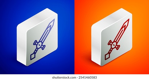 Isometric line Medieval sword icon isolated on blue and orange background. Medieval weapon. Silver square button. Vector