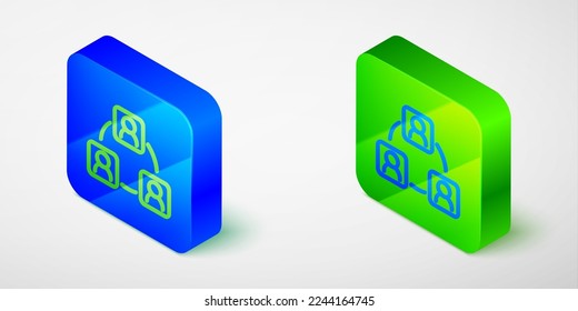 Isometric line Meeting icon isolated on grey background. Business team meeting, discussion concept, analysis, content strategy. Presentation conference. Blue and green square button. Vector