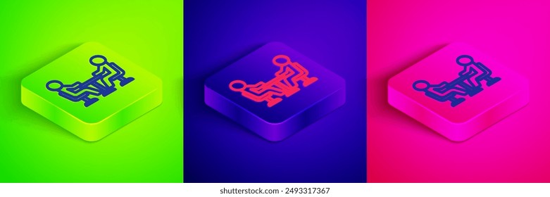 Isometric line Meeting icon isolated on green, blue and pink background. Business team meeting, discussion concept, analysis, content strategy. Presentation conference. Square button. Vector