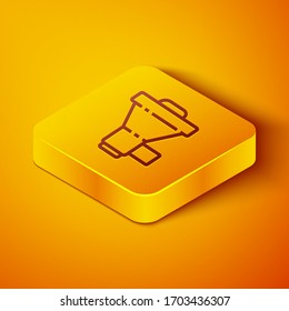 Isometric line Megaphone icon isolated on orange background. Loud speech alert concept. Bullhorn for Mouthpiece scream promotion. Yellow square button. Vector Illustration