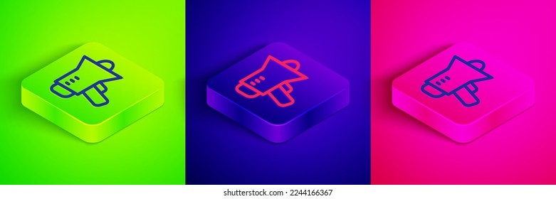Isometric line Megaphone icon aislado en fondo verde, azul y rosa. Firma del altavoz. Botón cuadrado. Vector