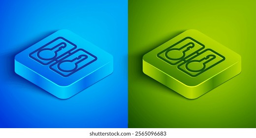 Isometric line Metal mold plates for casting keys icon isolated on blue and green background. Set for mass production and forgery of the keys. Square button. Vector Illustration