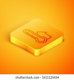 Isometric line Meteorology thermometer measuring icon isolated on orange background. Thermometer equipment showing hot or cold weather. Orange square button. Vector Illustration