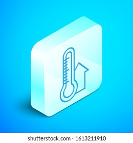 Isometric line Meteorology thermometer measuring icon isolated on blue background. Thermometer equipment showing hot or cold weather. Silver square button. Vector Illustration