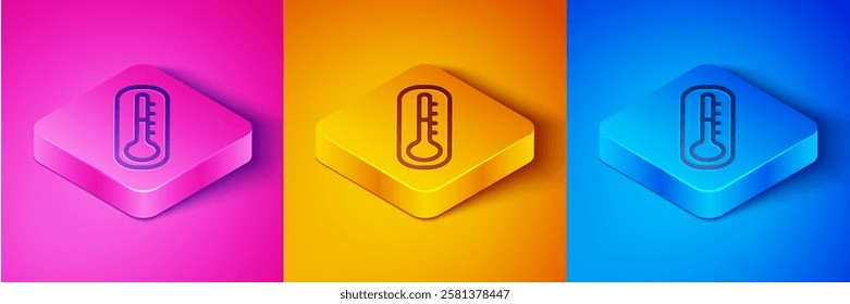 Isometric line Meteorology thermometer measuring heat and cold icon isolated on pink and orange, blue background. Thermometer equipment showing hot or cold weather. Square button. Vector