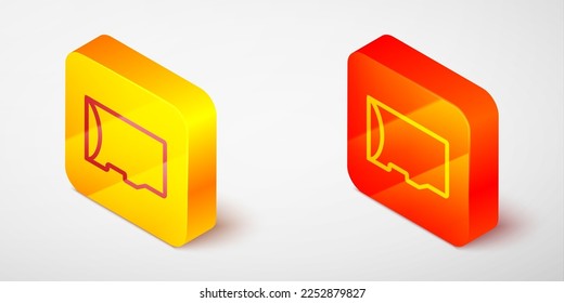 Isometric line Micro SD memory card icon isolated on grey background. Yellow and orange square button. Vector