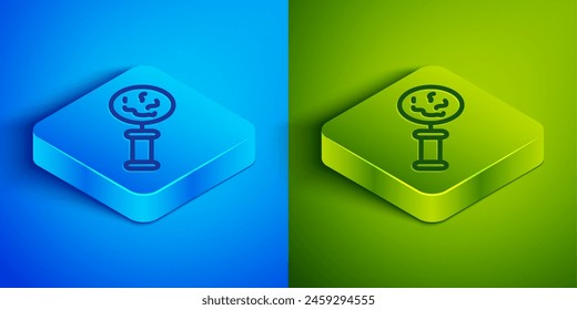 Isometric line Microorganisms under magnifier icon isolated on blue and green background. Bacteria and germs, cell cancer, microbe, virus, fungi. Square button. Vector