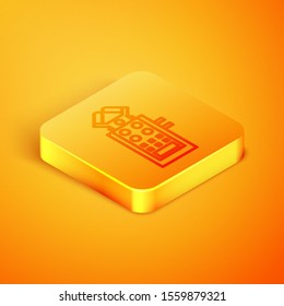 Isometric line Microphone icon isolated on orange background. On air radio mic microphone. Speaker sign. Orange square button. Vector Illustration