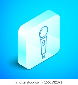 Isometric line Microphone icon isolated on blue background. On air radio mic microphone. Speaker sign. Silver square button. Vector Illustration