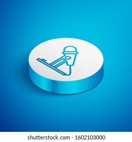 Isometric line Microphone icon isolated on blue background. On air radio mic microphone. Speaker sign. White circle button. Vector Illustration