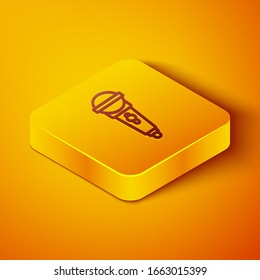 Isometric line Microphone icon isolated on orange background. On air radio mic microphone. Speaker sign. Yellow square button. Vector Illustration