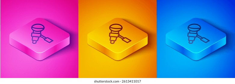 Isometric line Microphone icon isolated on pink and orange, blue background. On air radio mic microphone. Speaker sign. Square button. Vector