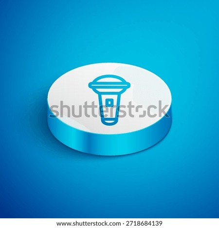 Isometric line Microphone icon isolated on blue background. On air radio mic microphone. Speaker sign. White circle button. Vector