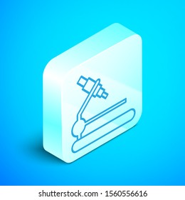Isometric line Microscope icon isolated on blue background. Chemistry, pharmaceutical instrument, microbiology magnifying tool. Silver square button. Vector Illustration