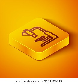 Isometrische Linie Mikroskop Symbol einzeln auf orangefarbenem Hintergrund. Chemie, pharmazeutisches Instrument, mikrobiologisches Vergrößerungswerkzeug. Gelber Quadrat-Knopf. Vektorgrafik