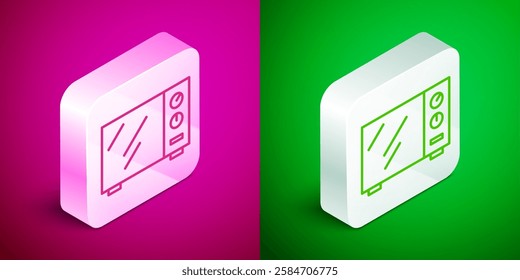 Isometric line Microwave oven icon isolated on pink and green background. Home appliances icon. Silver square button. Vector