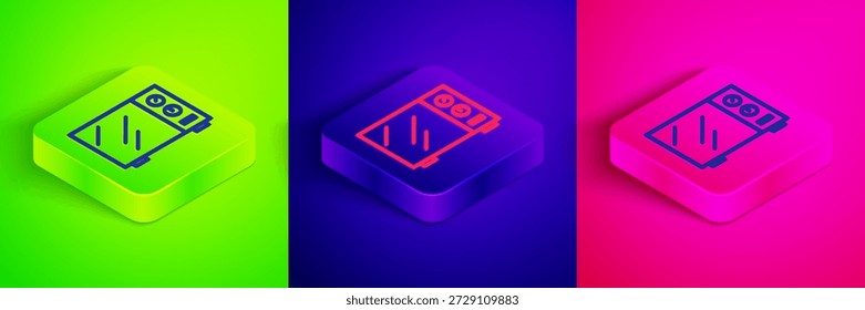 Línea isométrica icono de horno de microondas aislado en fondo verde, azul y rosa. Icono de electrodomésticos. Botón cuadrado. Vector