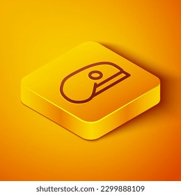 Isometric line Military beret icon isolated on orange background. Soldiers cap. Army hat. War baret. Yellow square button. Vector
