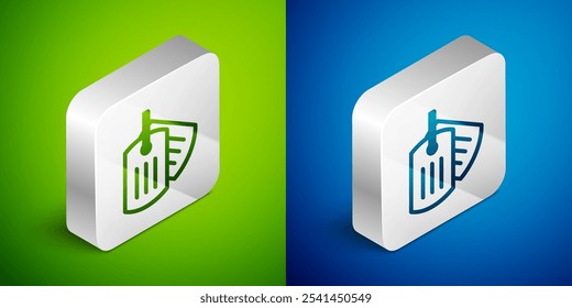 Isometric line Military dog tag icon isolated on green and blue background. Identity tag icon. Army sign. Silver square button. Vector