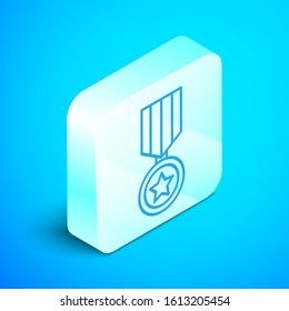 Isometric line Military reward medal icon isolated on blue background. Army sign. Silver square button. Vector Illustration