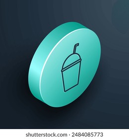 Isometric line Milkshake icon isolated on black background. Plastic cup with lid and straw. Turquoise circle button. Vector Illustration