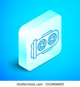 Isometric line Mining farm icon isolated on blue background. Cryptocurrency mining, blockchain technology, digital money market, cryptocoin wallet. Silver square button. Vector Illustration
