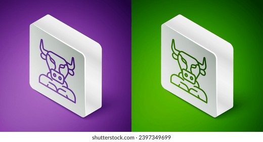 Isometric line Minotaur icon isolated on purple and green background. Mythical greek powerful creature the half human bull legendary minotaur from cretan labyrinth. Silver square button. Vector