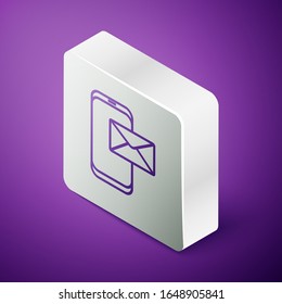 Isometric line Mobile and envelope, new message, mail icon isolated on purple background. Usage for e-mail newsletters, headers, blog posts. Silver square button. Vector Illustration