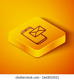 Isometric line Mobile and envelope, new message, mail icon isolated on orange background. Usage for e-mail newsletters, headers, blog posts. Yellow square button. Vector Illustration