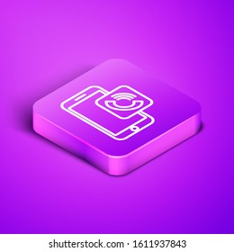 Isometric line Mobile phone call icon isolated on purple background. Purple square button. Vector Illustration