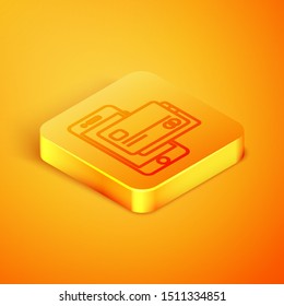 Isometric line Mobile phone and credit card icon isolated on orange background. Smartphone online payment concept. NFC payment. Transfer icon. Orange square button. Vector Illustration